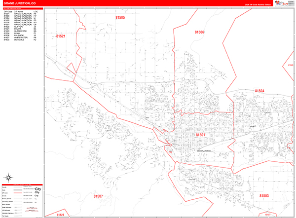 Grand Junction City Wall Map Red Line Style
